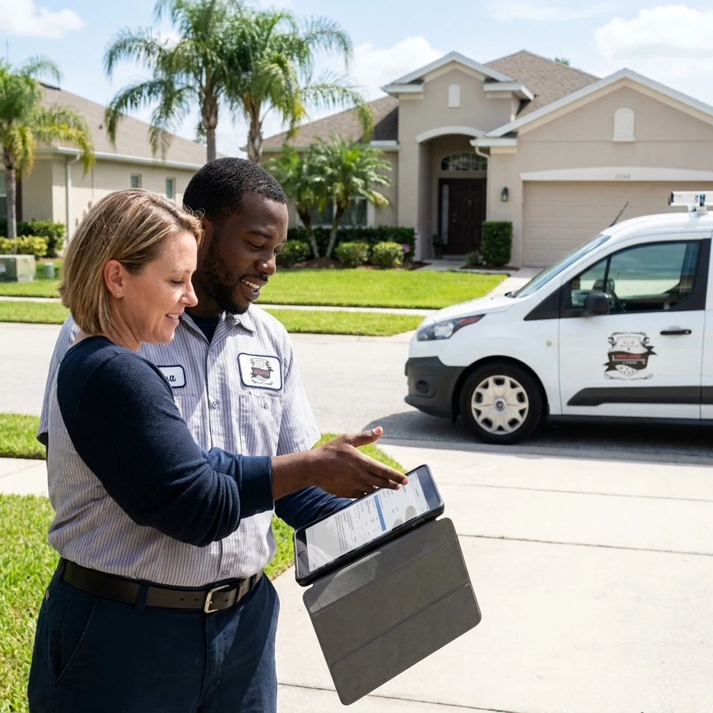 Technician in a striped work shirt and a homeowner reviewing a job on a tablet in front of a stucco house with a white company van in the driveway