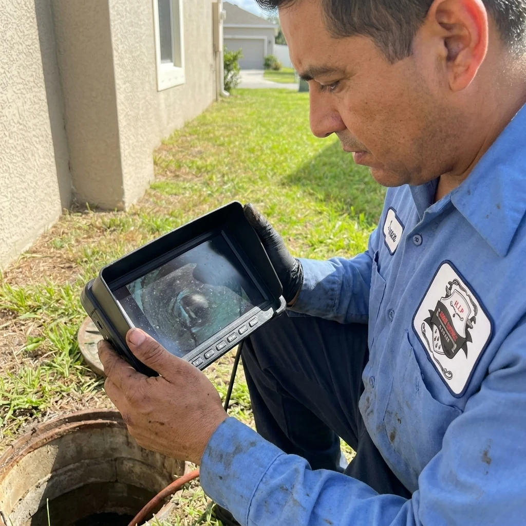 Plumber checking a camera monitor beside an open sewer cleanout in the side yard of a stucco home in Valrico