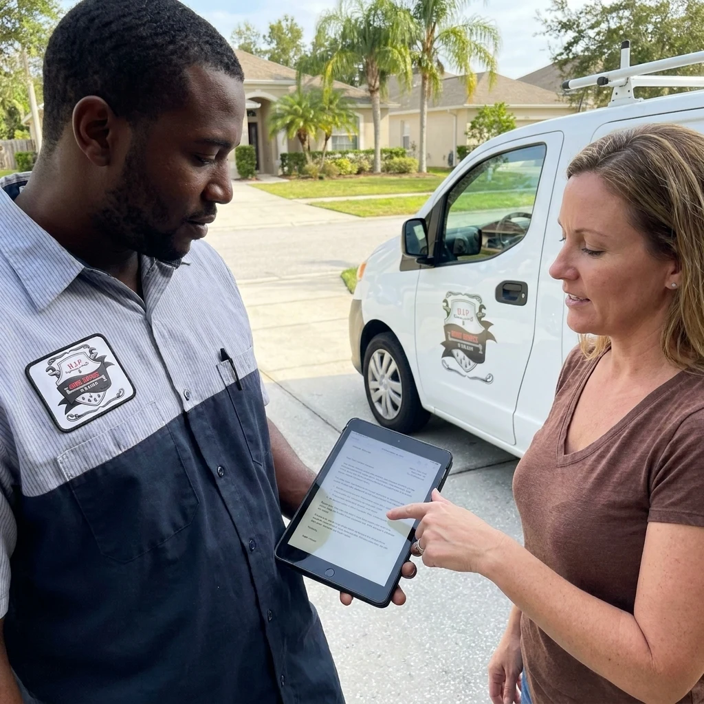 Technician showing a homeowner his findings on a tablet in a Valrico driveway beside a company van